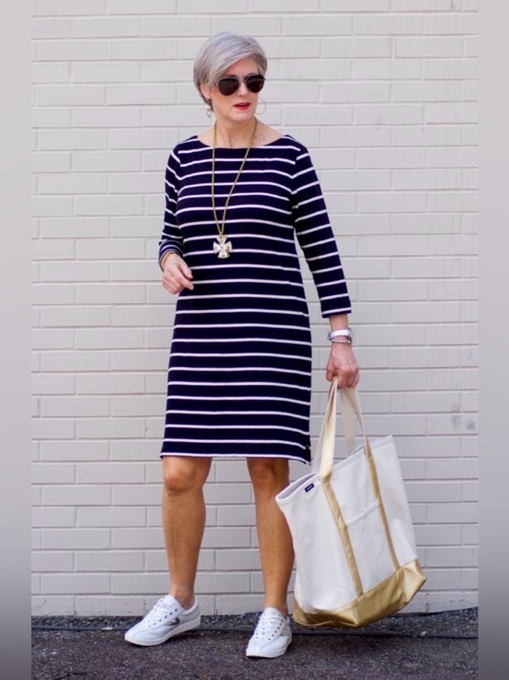 Land End Striped Navy and White Boatneck Dress - Classic Casual Size Large
